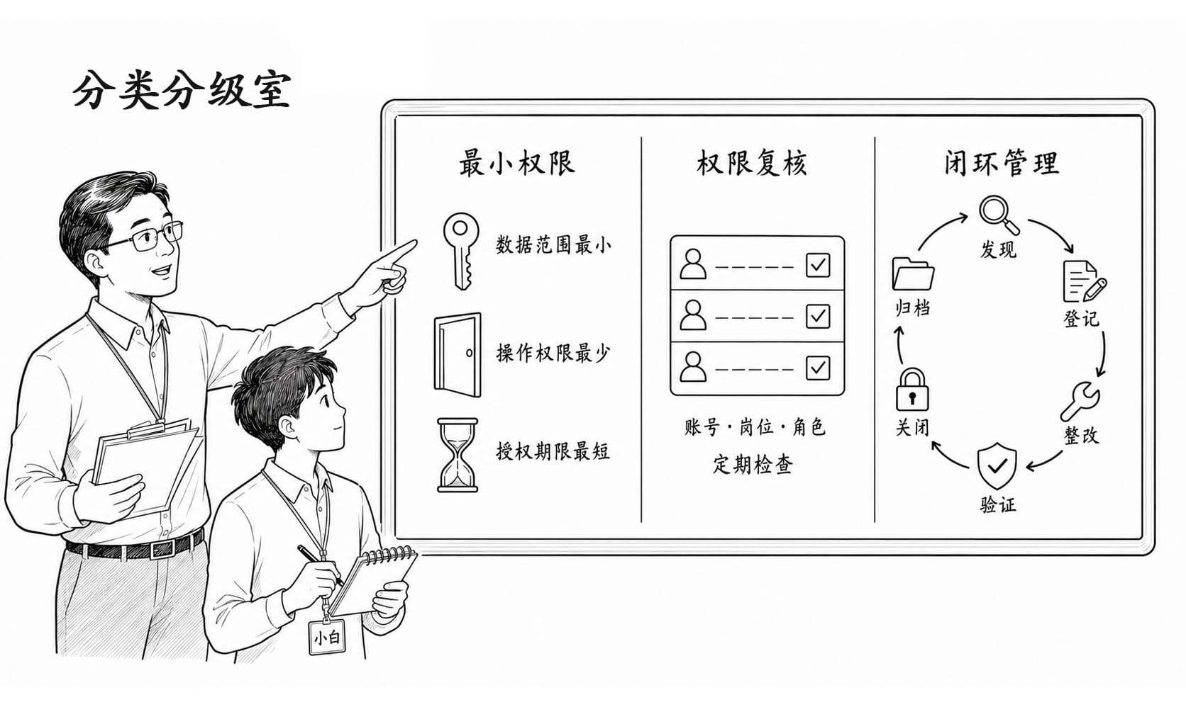 师傅带小白走进权限管理室的黑白简笔画