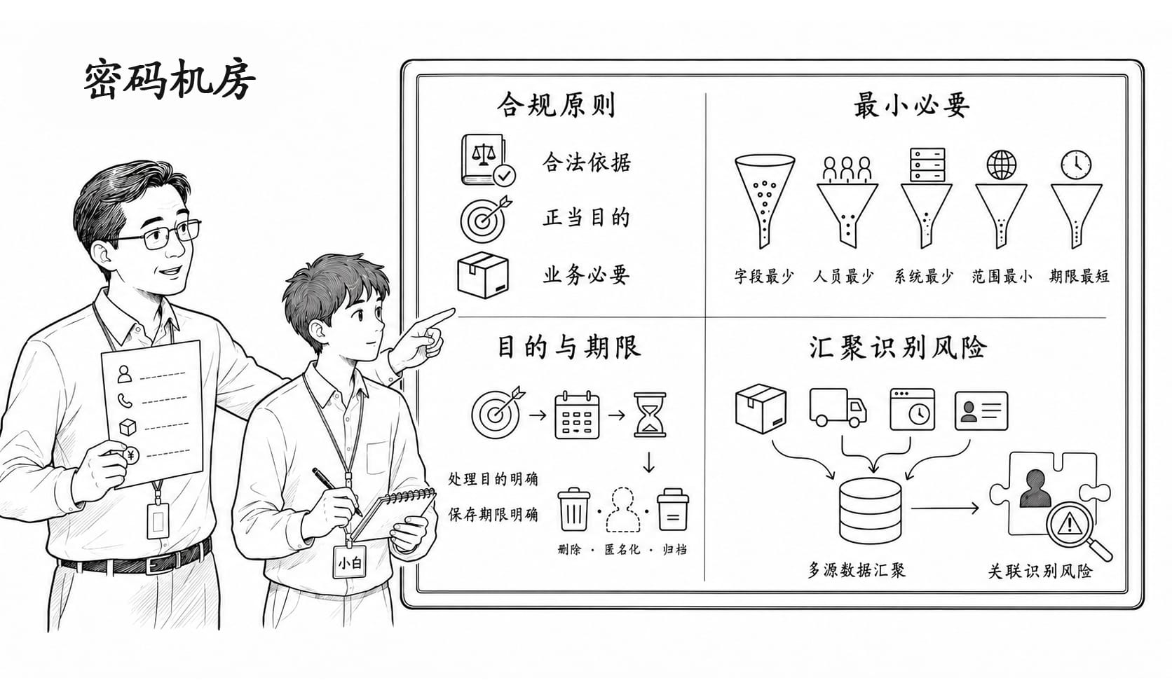 师傅带小白走进合规办公室的黑白简笔画
