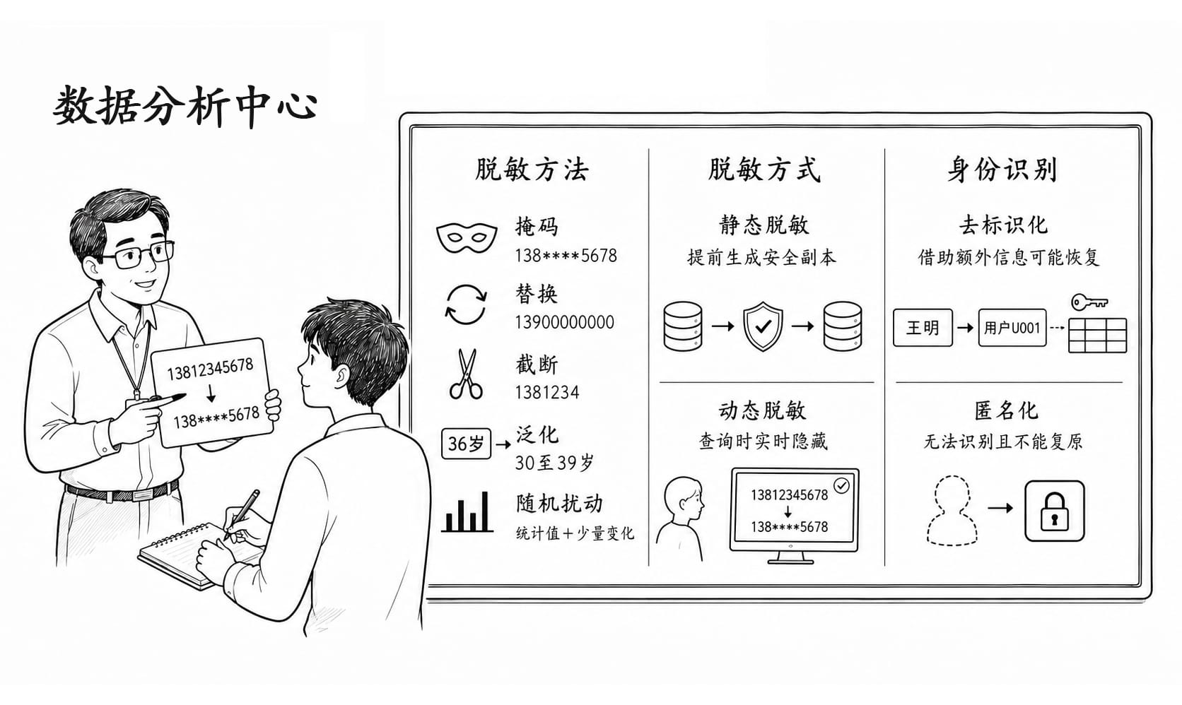 师傅带小白走进数据测试室的黑白简笔画