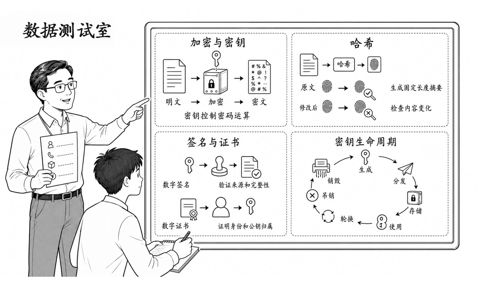 师傅带小白走进密码机房的黑白简笔画